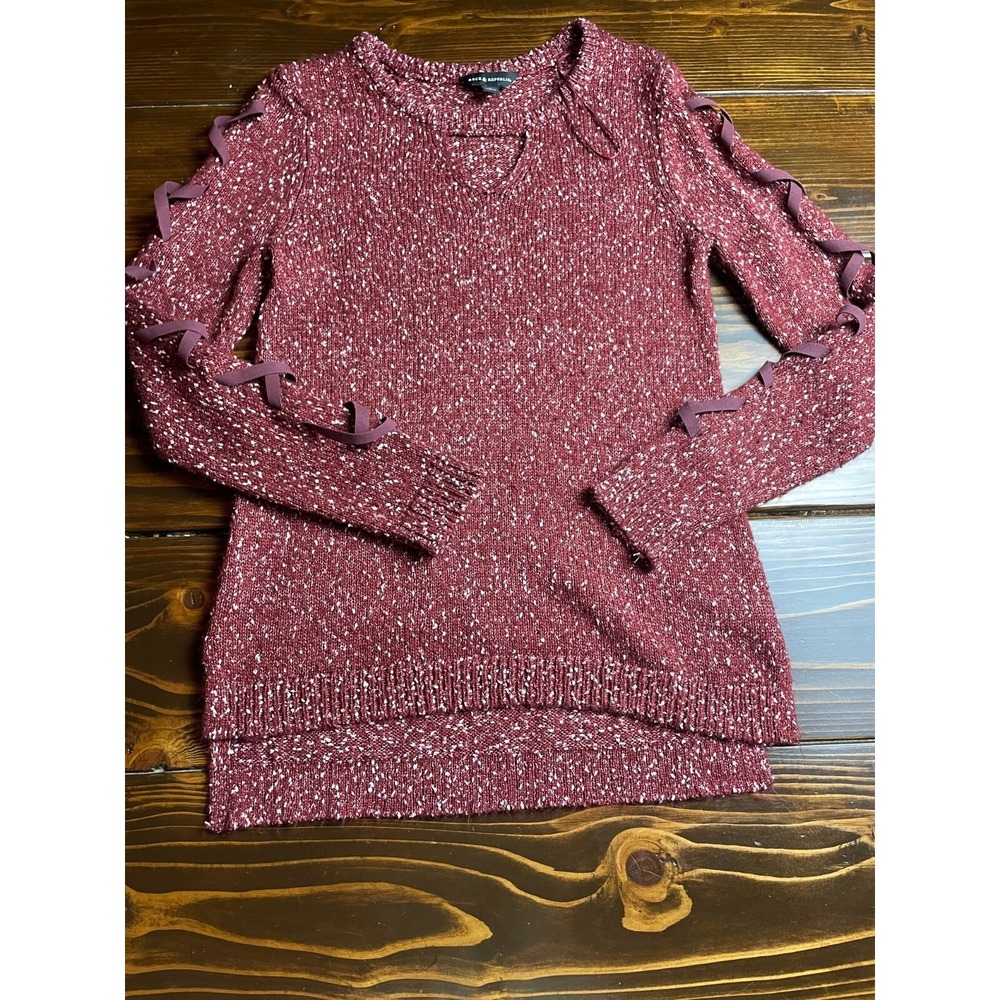 Rock & Republic Sweater, Women's Size Small, Burgundy White, Pullover, Lace Up